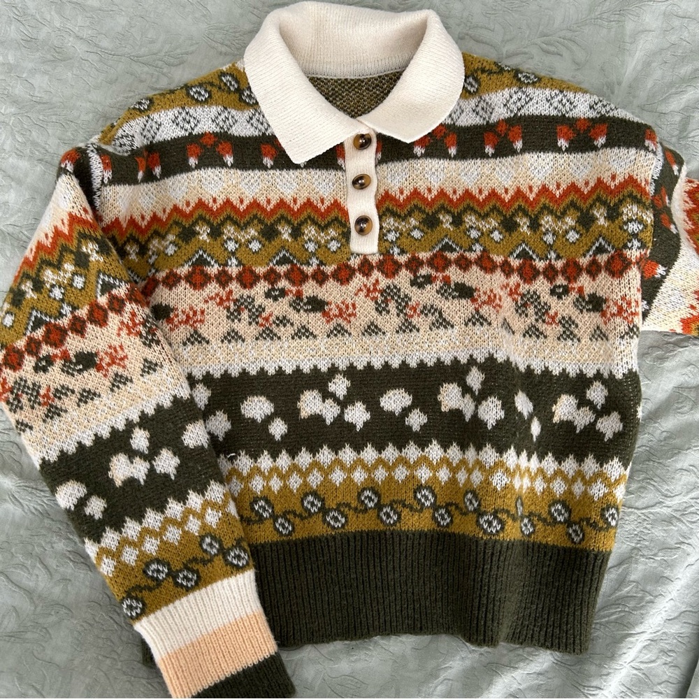 Green and Cream Fair Isle Sweater with Button Collar
